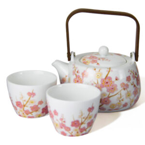 Cherry Porcelain Teapot set w/ 2 cups (wooden handle)