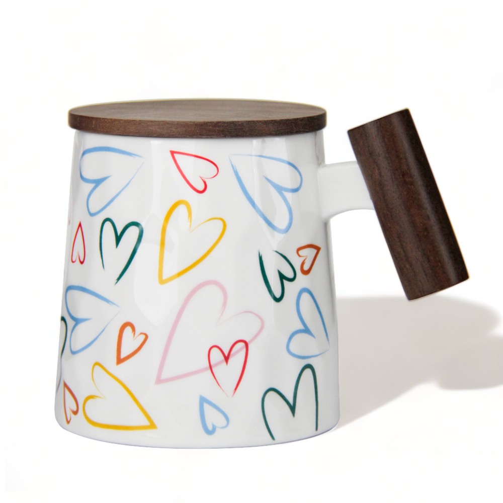 Porcelain Mug w/ Rosewood handle & lid, 400ml, Heart