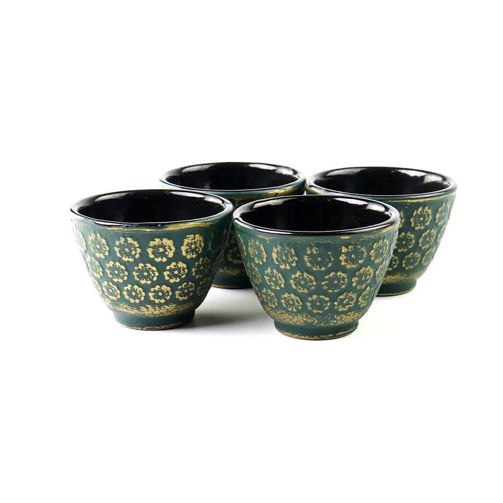 Cast Iron Teapot Set 1.4 L w/ 4 (flower) cups, green - Image 4