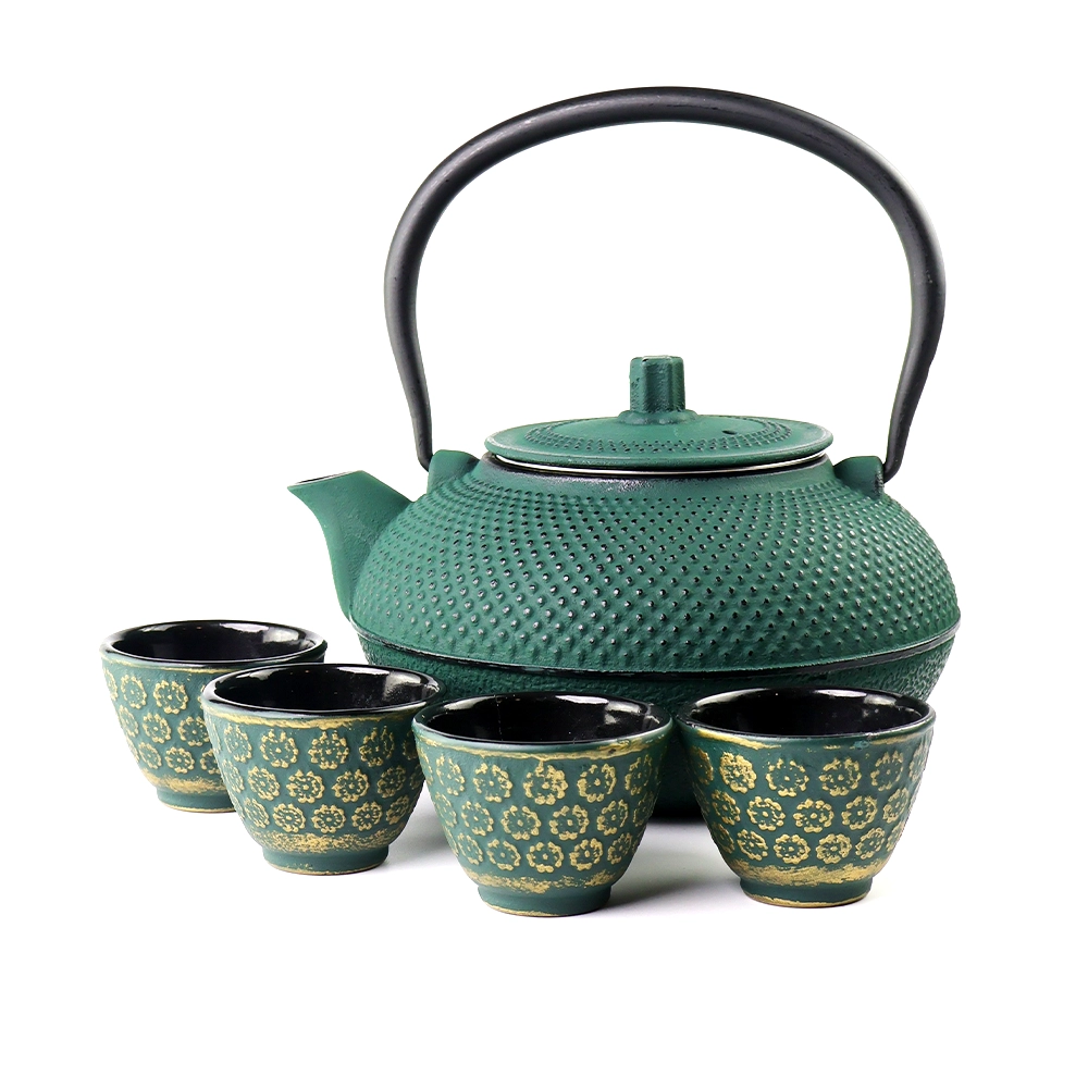 Cast Iron Teapot Set 1.4 L w/ 4 (flower) cups, green